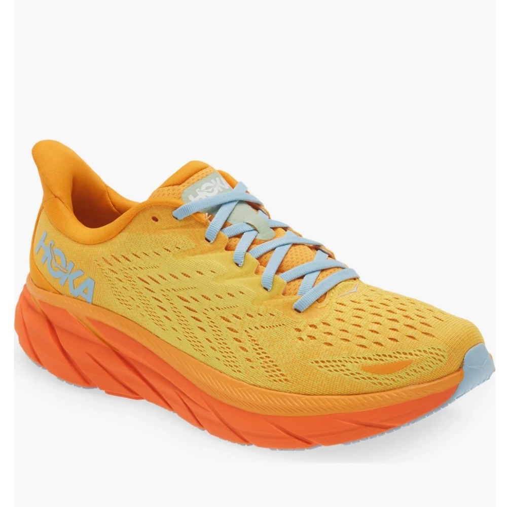 Hoka Men's Yellow and Orange Athletic Running Shoe with Light Blue Accents